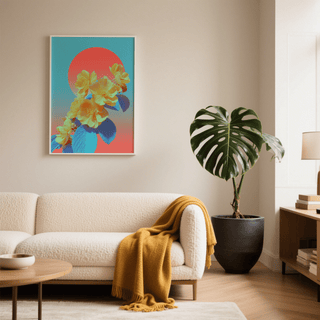 Vibrant Floral Wall Art in yellow and blue tones as bedroom art print decor