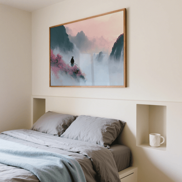 Samurai Mountain Wall Art poster with white mist for office wall art