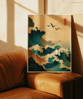 Japanese Wave Art Print featuring woodblock linework and red seal stamp