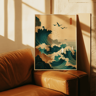 Japanese Wave Art Print featuring woodblock linework and red seal stamp