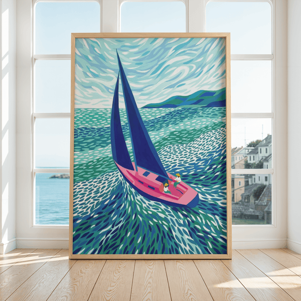 Nautical Sailboat Art Print in blue-green for coastal kitchen wall