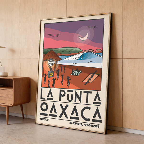 Colorful surfer riding a barrel beneath layered twilight sky