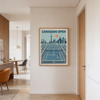 Minimal city skyline wall art with tennis court lines and player silhouette
