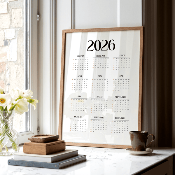 Minimalist Wall Calendar Print in Black and White for study room