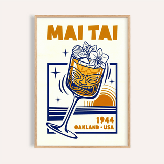 Mai Tai wall art featuring a retro illustration of a tiki cocktail with orange and navy colours