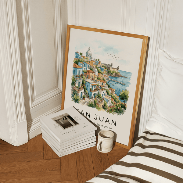 Coastal harbor wall art with sailboats, fort walls, and hillside houses