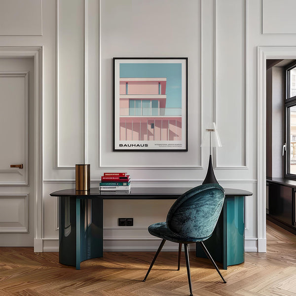 Minimal pink wall building shown in mid century art art print.