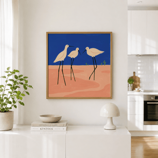 Angle view of Birds Minimalist Wall Art print highlighting the flat sky and simple forms