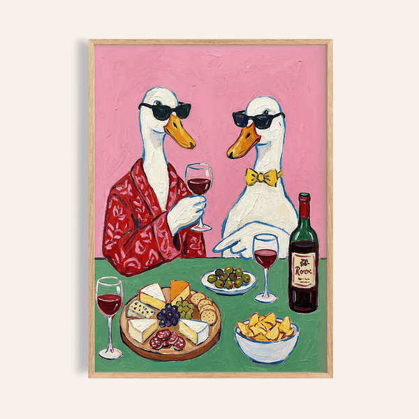 Wine and Cheese Poster featuring Pink and Green for kitchen wall art