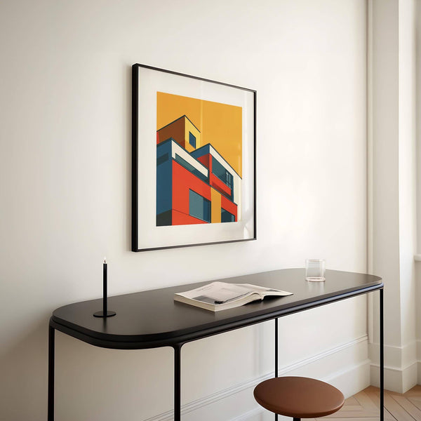 MCM-inspired architectural print with strong geometric contrasts