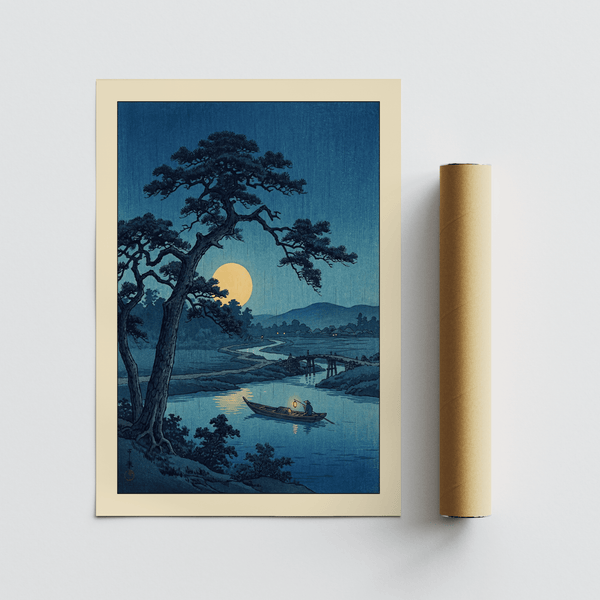 Moonlight Print wall art depicting moonrise over river with foreground tree