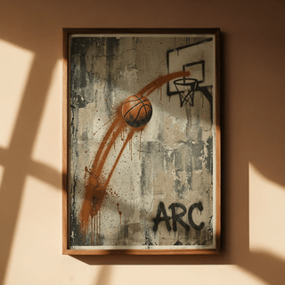 Street-court Basketball Graffiti Wall Art wall art with orange paint streak, sketched hoop, and splatter marks