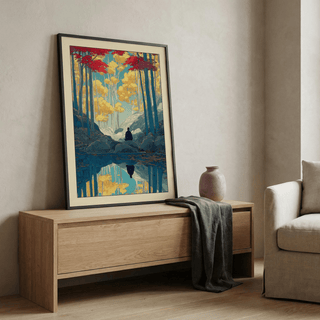 Detailed tree-lined landscape poster with reflective water surface and distant sky opening