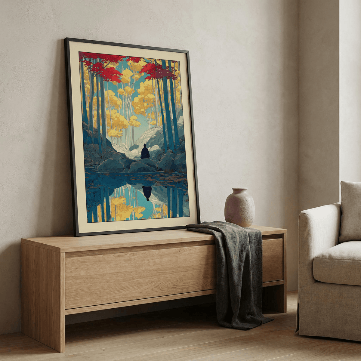 Detailed tree-lined landscape poster with reflective water surface and distant sky opening