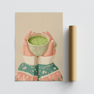Wall art Matcha Tea Art Print for tea nook with beige and peach hues