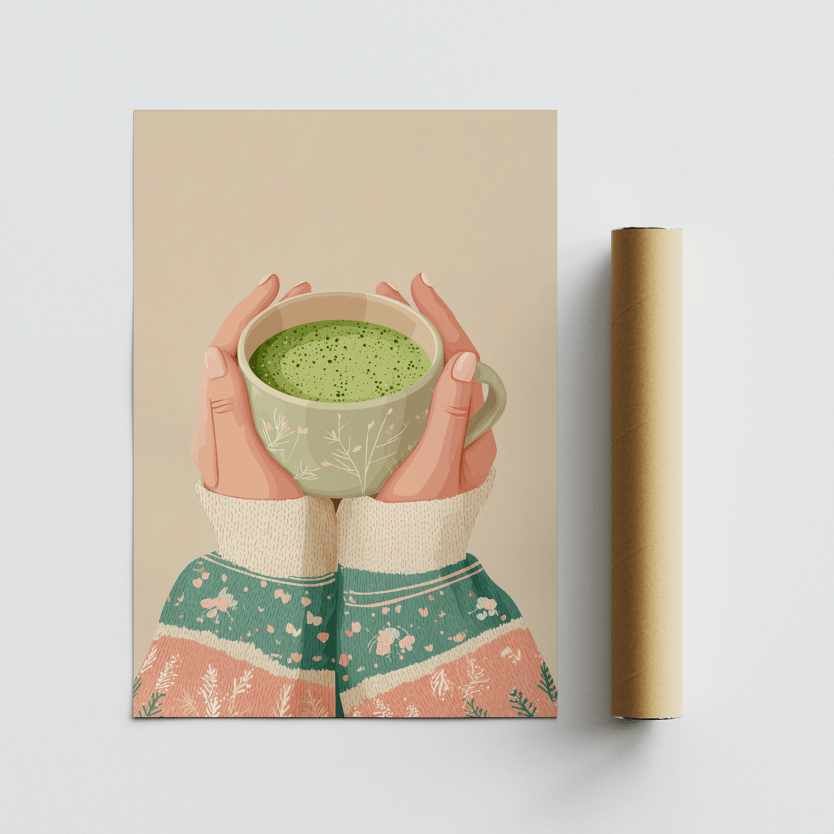 Wall art Matcha Tea Art Print for tea nook with beige and peach hues