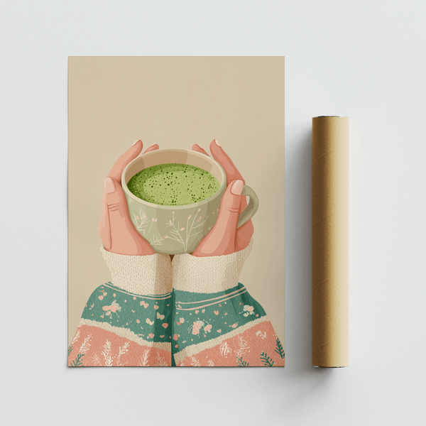 Wall art Matcha Tea Art Print for tea nook with beige and peach hues