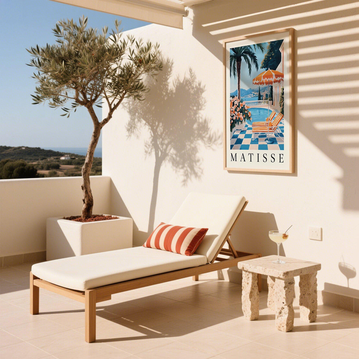 Amalfi Coast wall art displaying a charming villa scene with palm trees and terracotta hues.