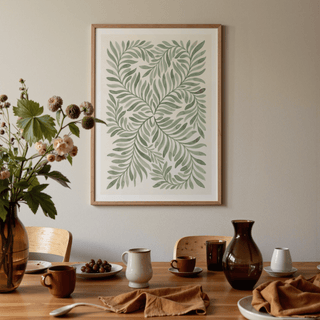 Minimalist Green Leaf Art featuring Green, Beige, and White for studio decor