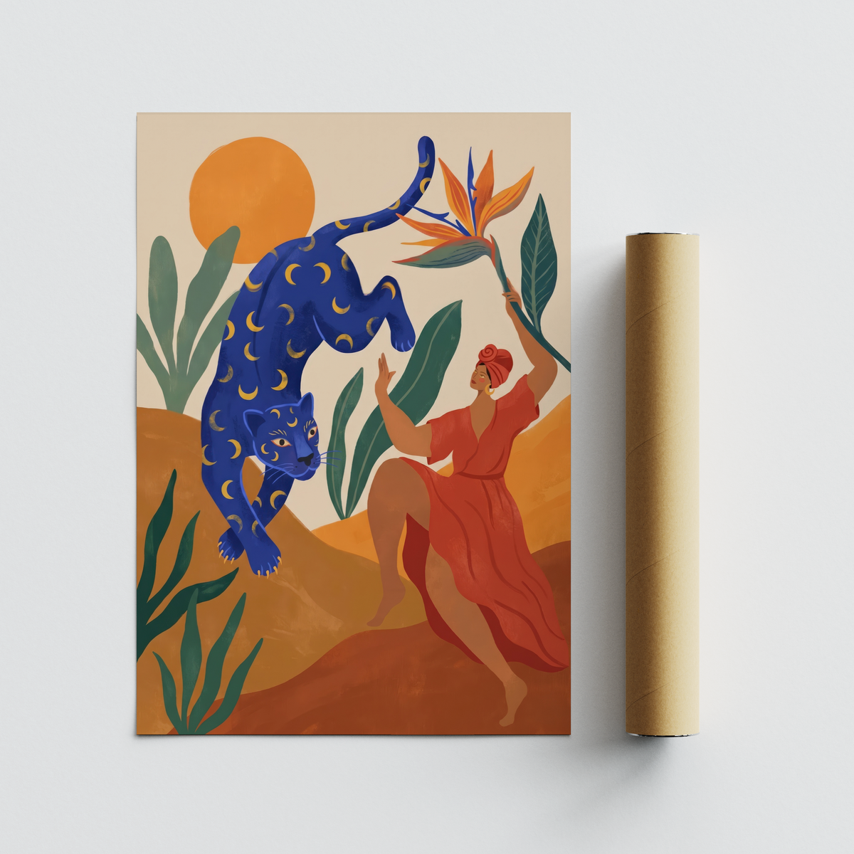 Detailed illustration print wall art of a crescent-marked leopard walking through large foliage