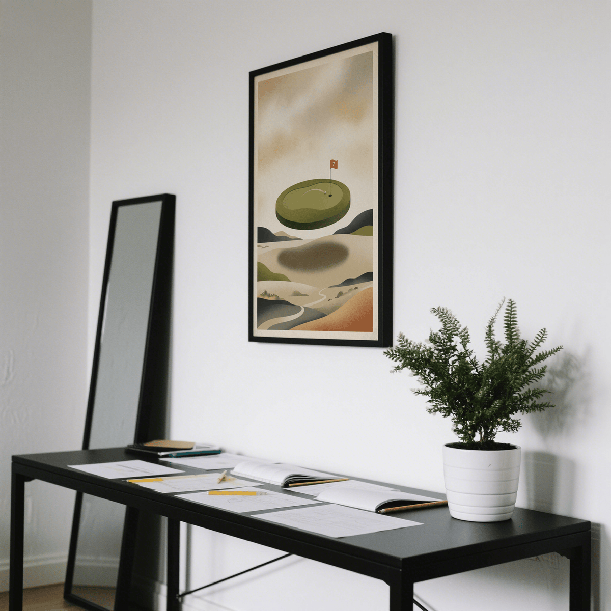 Illustrated golf wall art with floating putting green, ball, and distant rolling terrain
