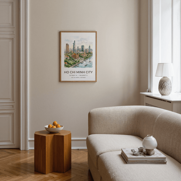 Watercolor cityscape print showing cathedral, modern towers, and birds over Ho Chi Minh City