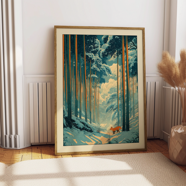 Snowy woodland print with tall bamboo trunks and drifting clouds