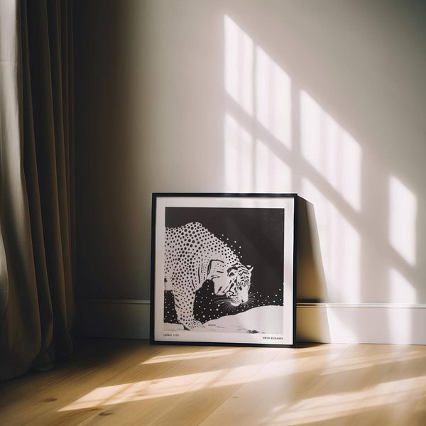 Framed black and white japanese tiger art in entryway