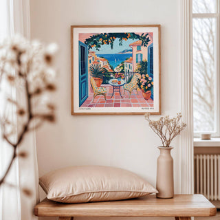 French coastal wall art with lush greenery and rooftops