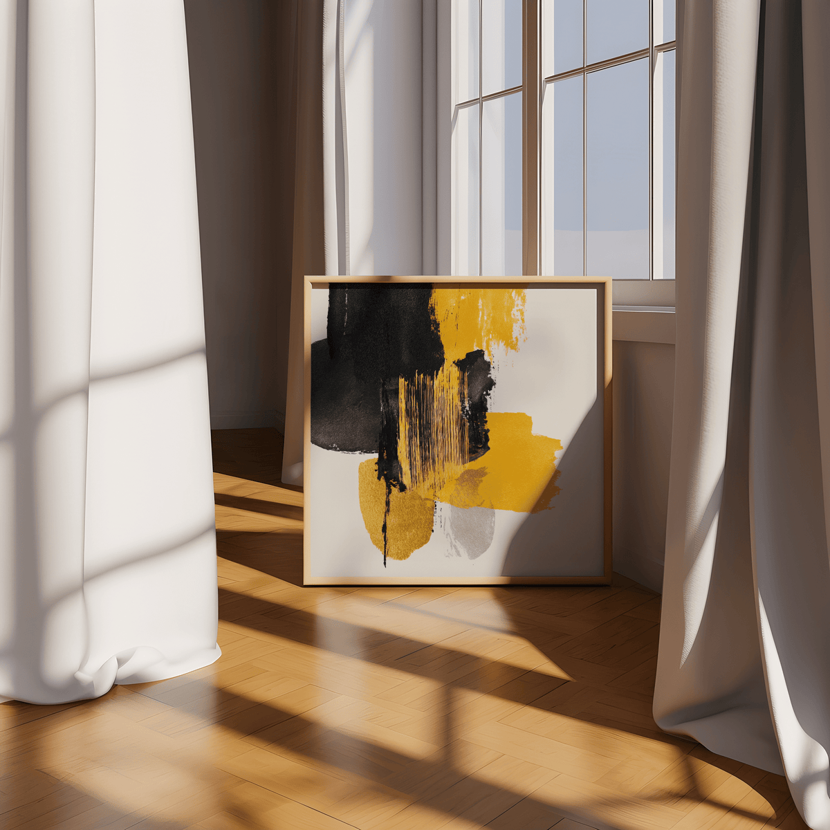 Minimalist Abstract Poster Art featuring yellow and black for hallway wall art