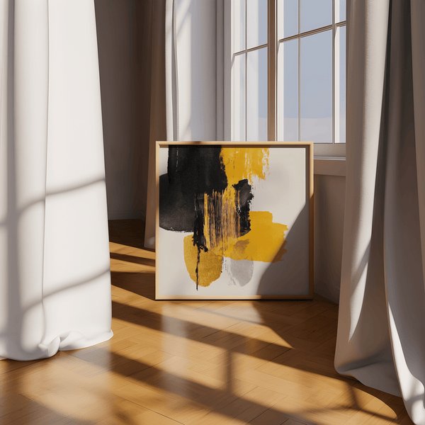 Minimalist Abstract Poster Art featuring yellow and black for hallway wall art