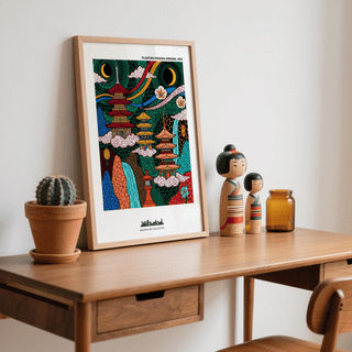 Decorative landscape poster print with pagodas, waterfalls, and ribbon-like arcs