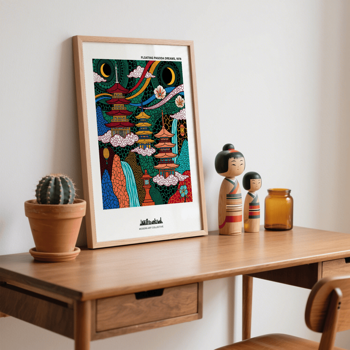 Decorative landscape poster print with pagodas, waterfalls, and ribbon-like arcs