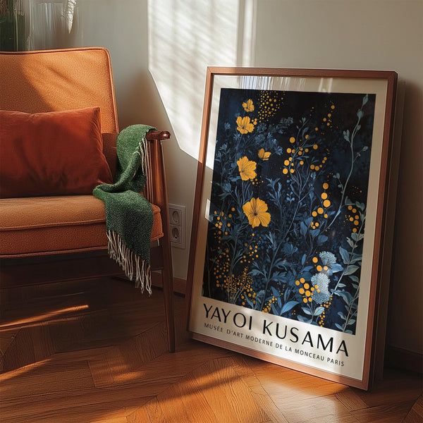 Floral orange and blue wall art with deep navy and golden tones