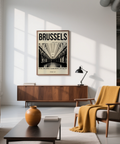 Graphic city typography print displaying BRUSSELS headline over corridor photo