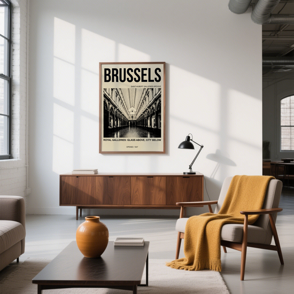 Graphic city typography print displaying BRUSSELS headline over corridor photo