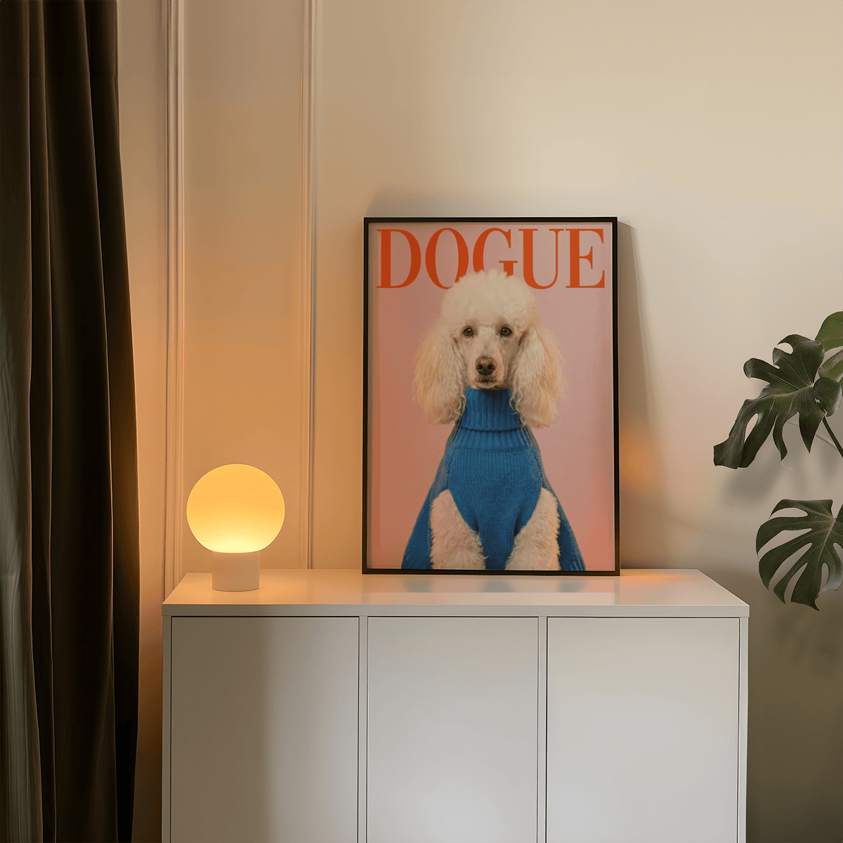 Unique Dogue Poodle Print in pink, blue, and red for modern art print decor
