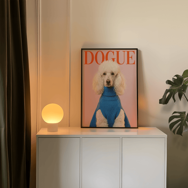 Unique Dogue Poodle Print in pink, blue, and red for modern art print decor