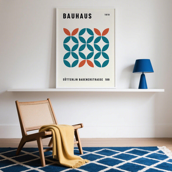 Symmetrical Work Office Wall Art print in teal and rust tones for office walls.