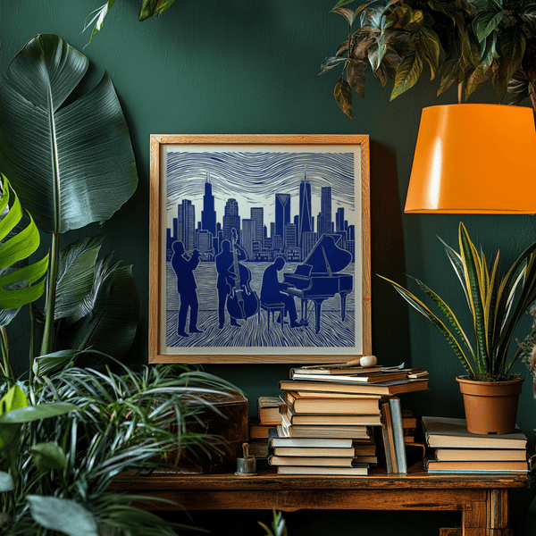 Contemporary Musician Poster Art in blue and white for living space