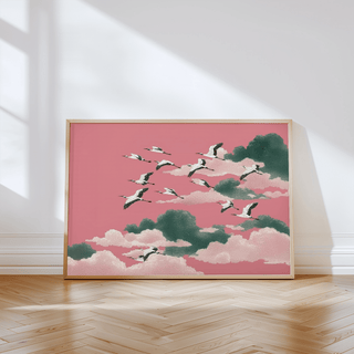 Elegant Pink Crane Wall Art Green accents for bedroom wall art