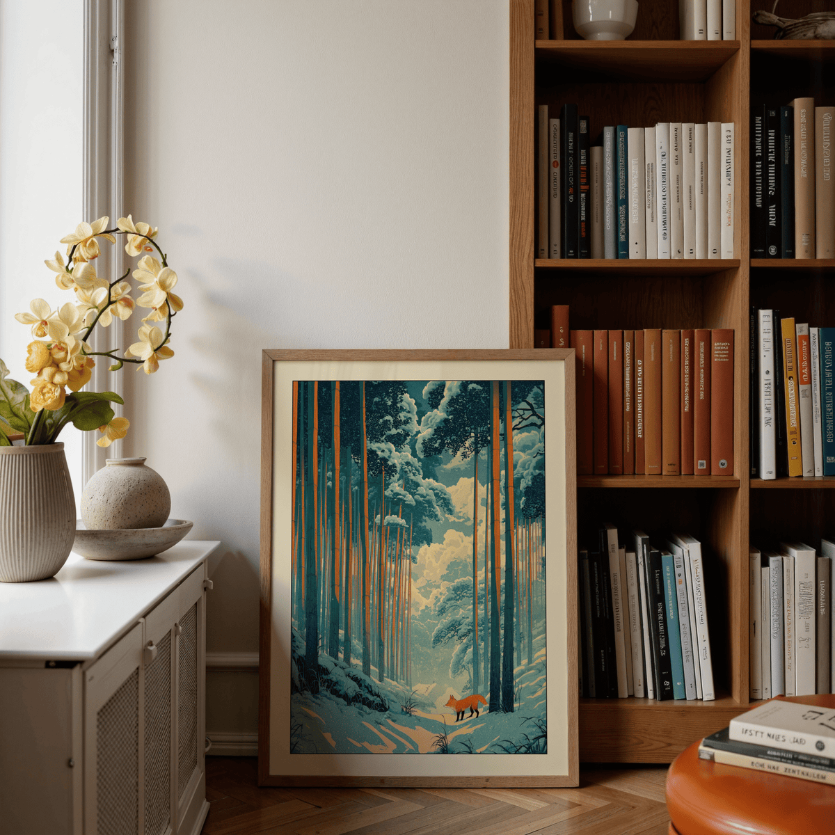 Japanese fox woodblock print poster with orange fox in snowy bamboo forest