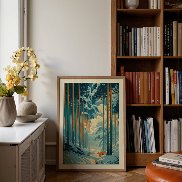 Japanese fox woodblock print poster with orange fox in snowy bamboo forest