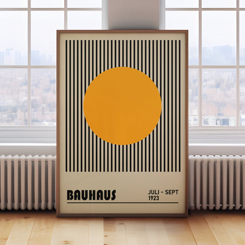 Modern abstract Bauhaus-inspired print with yellow sun and black stripes for minimalist spaces






