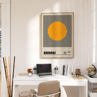 Bold yellow circle art print as professional office wall art in a conference room