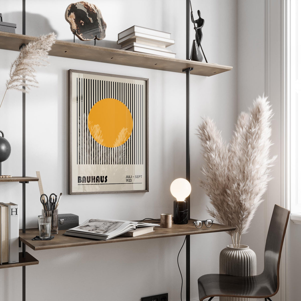 Abstract sun print in yellow and black for professional office wall art in a studio