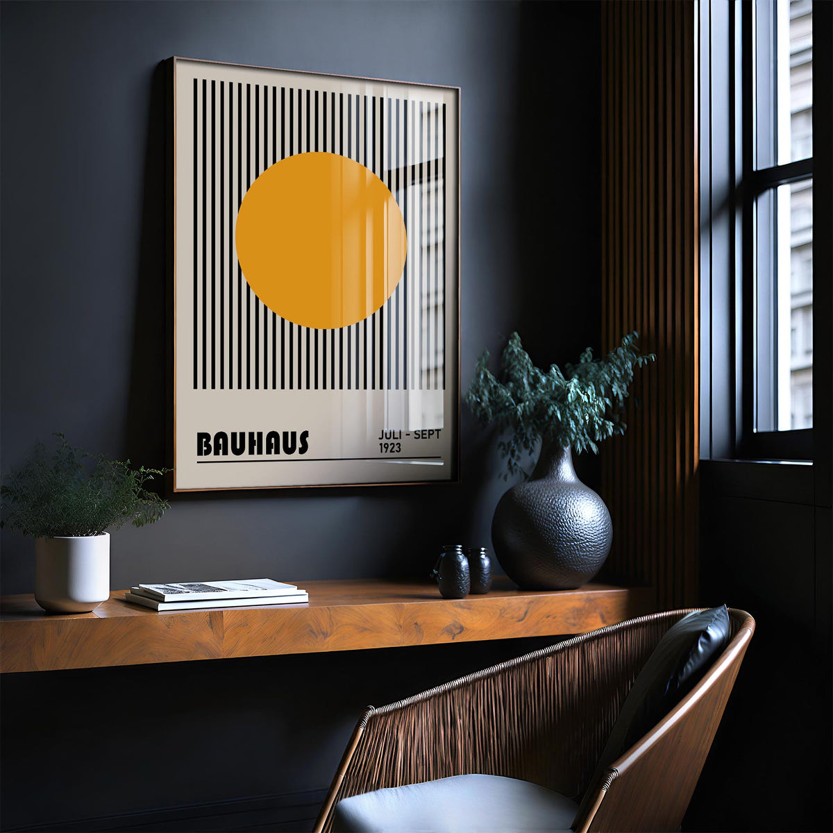 High-contrast professional office wall art with vertical lines and geometric design