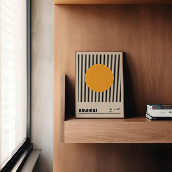 Professional office wall art print with yellow circle and linear stripe details