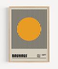 Modern abstract Bauhaus-inspired print with yellow sun and black stripes for minimalist spaces
