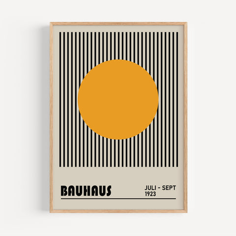 Modern abstract Bauhaus-inspired print with yellow sun and black stripes for minimalist spaces
